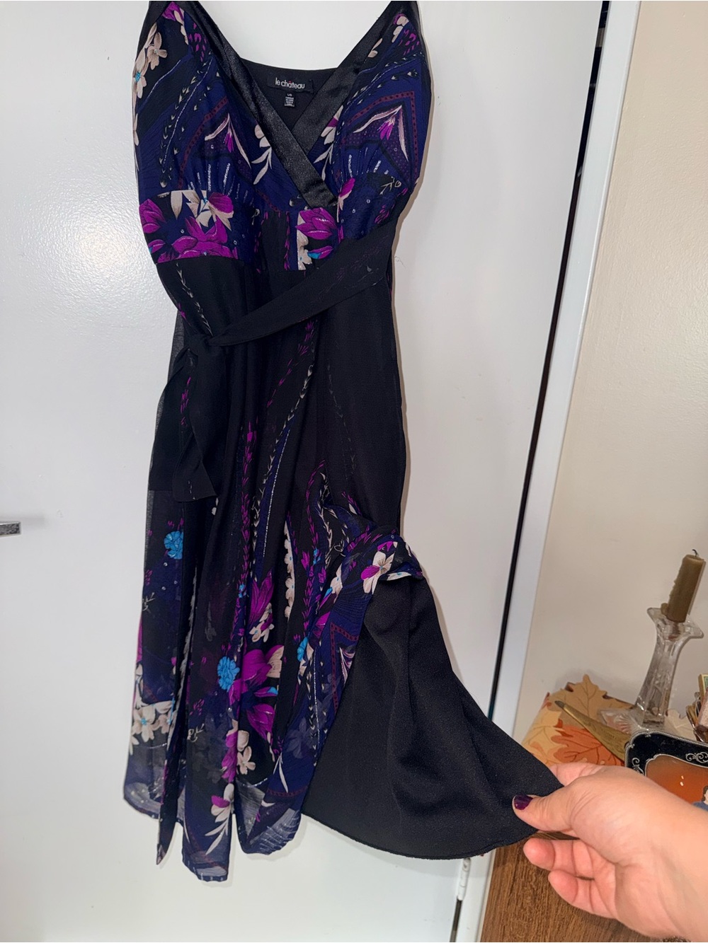 le chateau Black Floral Midi Dress with Pinkish Purple and Blue Accents - Picture 8 of 9